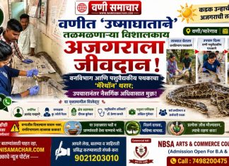 🐉 वणीत ‘उष्माघाताने’ तळमळणाऱ्या विशालकाय अजगराला जीवदान! वनविभाग आणि पशुवैद्यकीय पथकाचा ‘मॅरेथॉन’ थरार; उपचारानंतर नैसर्गिक अधिवासात मुक्त!